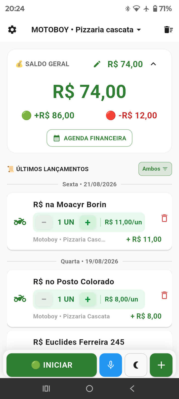 Tela inicial do AutoCaixa com saldo e lançamentos